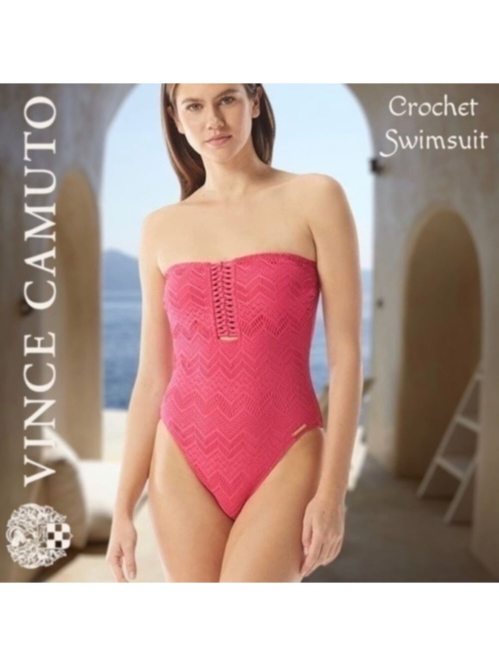 VINCE CAMUTO Crochet Lace One-Piece Removable Strap Bandeau Swimsuit NWT/Sz.12